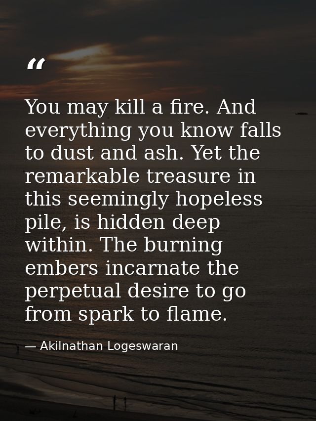 You may kill a fire. And everything you know falls to dust and ash. Yet the remarkable treasure in this seemingly hopele — Akilnathan Logeswaran