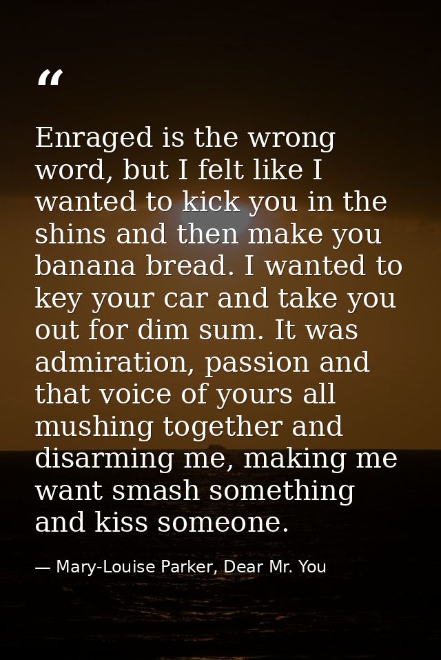Enraged is the wrong word, but I felt like I wanted to kick you in the shins and then make you banana bread. I wanted to — Mary-Louise Parker, Dear Mr. You