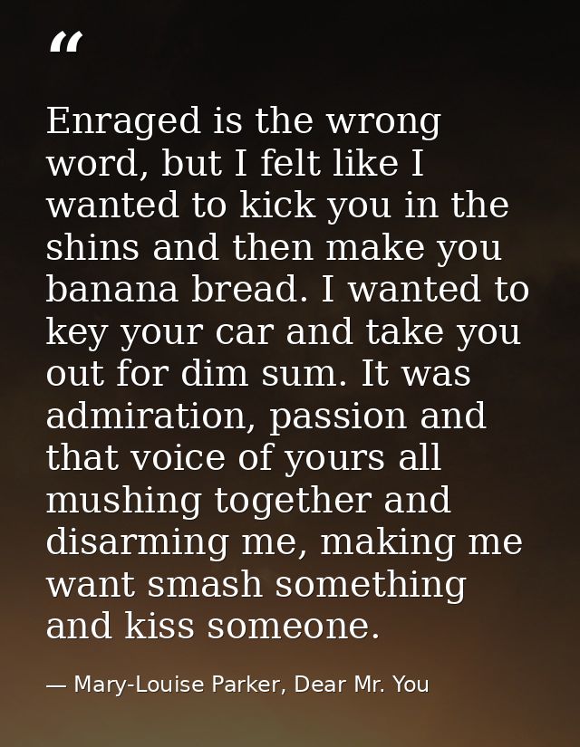 Enraged is the wrong word, but I felt like I wanted to kick you in the shins and then make you banana bread. I wanted to — Mary-Louise Parker, Dear Mr. You