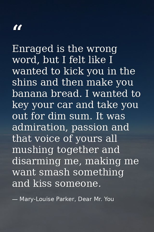 Enraged is the wrong word, but I felt like I wanted to kick you in the shins and then make you banana bread. I wanted to — Mary-Louise Parker, Dear Mr. You