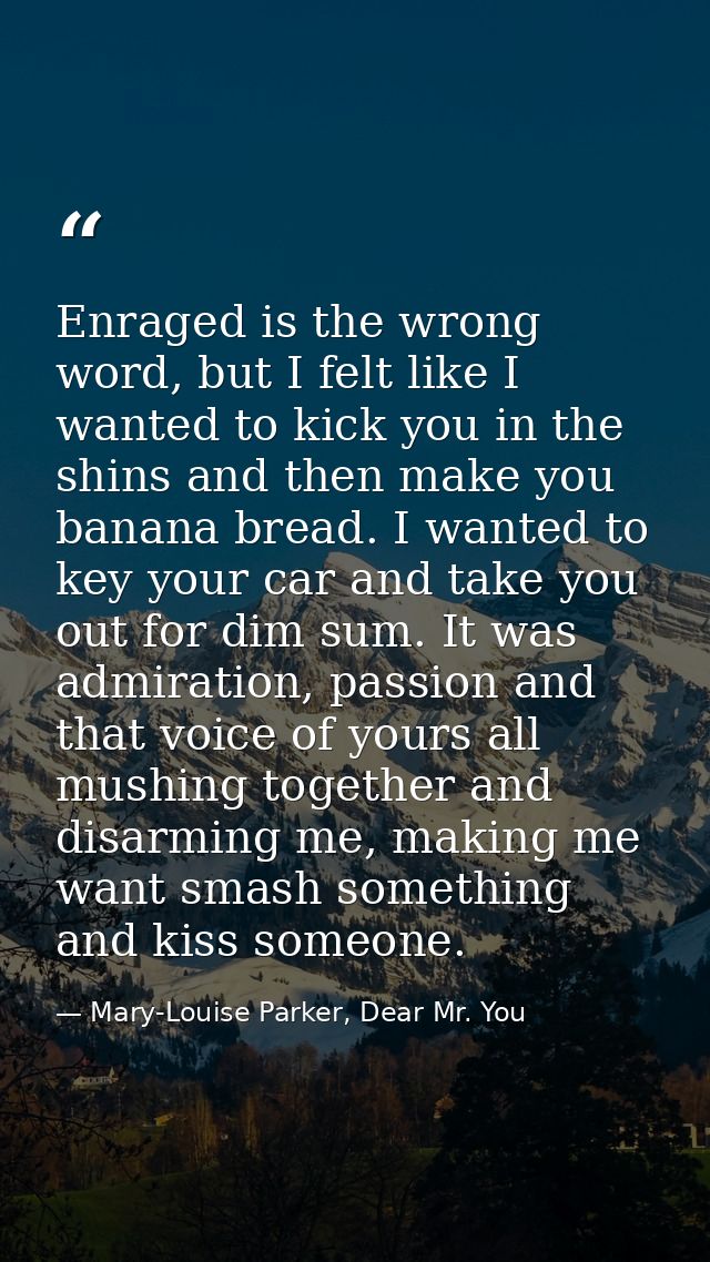 Enraged is the wrong word, but I felt like I wanted to kick you in the shins and then make you banana bread. I wanted to — Mary-Louise Parker, Dear Mr. You