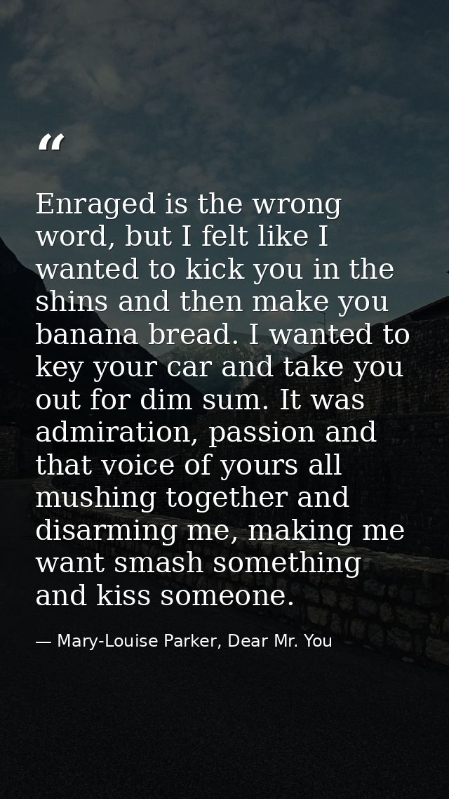 Enraged is the wrong word, but I felt like I wanted to kick you in the shins and then make you banana bread. I wanted to — Mary-Louise Parker, Dear Mr. You