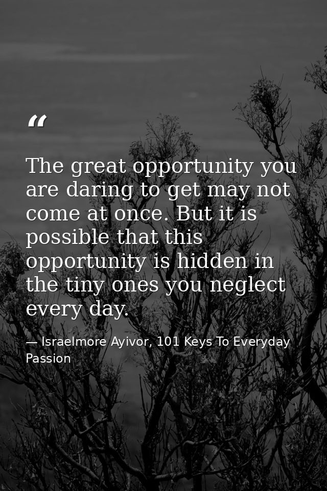The great opportunity you are daring to get may not come at once. But it is possible that this opportunity is hidden in  — Israelmore Ayivor, 101 Keys To Everyday Passion