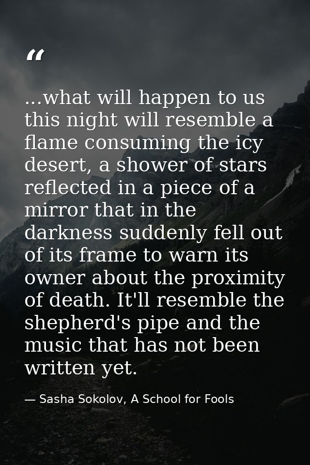 ...what will happen to us this night will resemble a flame consuming the icy desert, a shower of stars reflected in a pi — Sasha Sokolov, A School for Fools