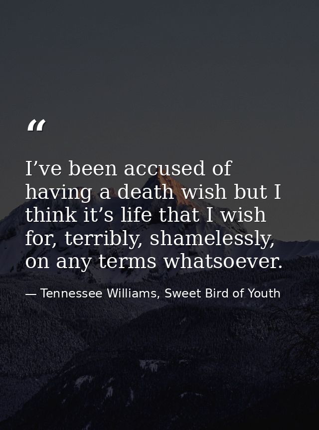 I’ve been accused of having a death wish but I think it’s life that I wish for, terribly, shamelessly, on any terms what — Tennessee Williams, Sweet Bird of Youth