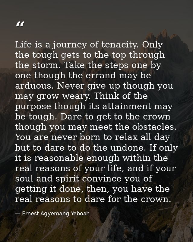 Life is a journey of tenacity. Only the tough gets to the top through the storm. Take the steps one by one though the er — Ernest Agyemang Yeboah