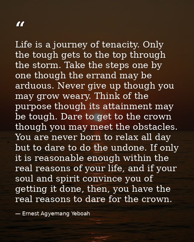 Life is a journey of tenacity. Only the tough gets to the top through the storm. Take the steps one by one though the er — Ernest Agyemang Yeboah