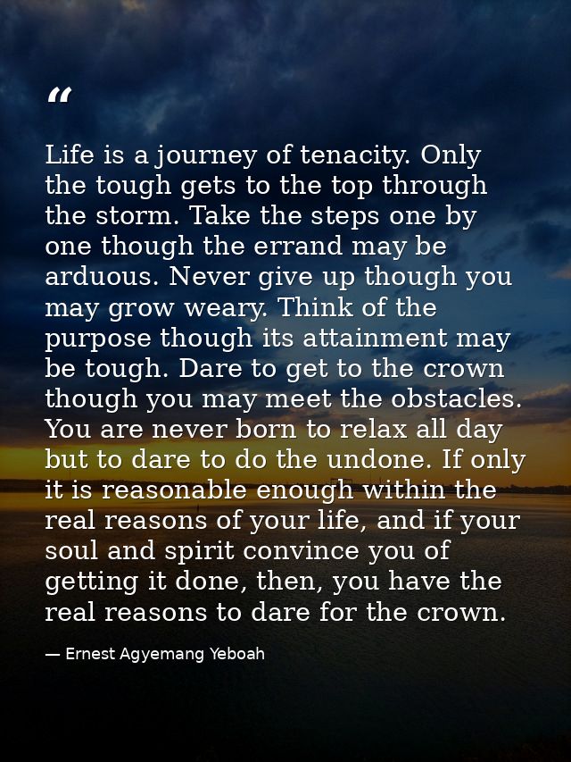 Life is a journey of tenacity. Only the tough gets to the top through the storm. Take the steps one by one though the er — Ernest Agyemang Yeboah