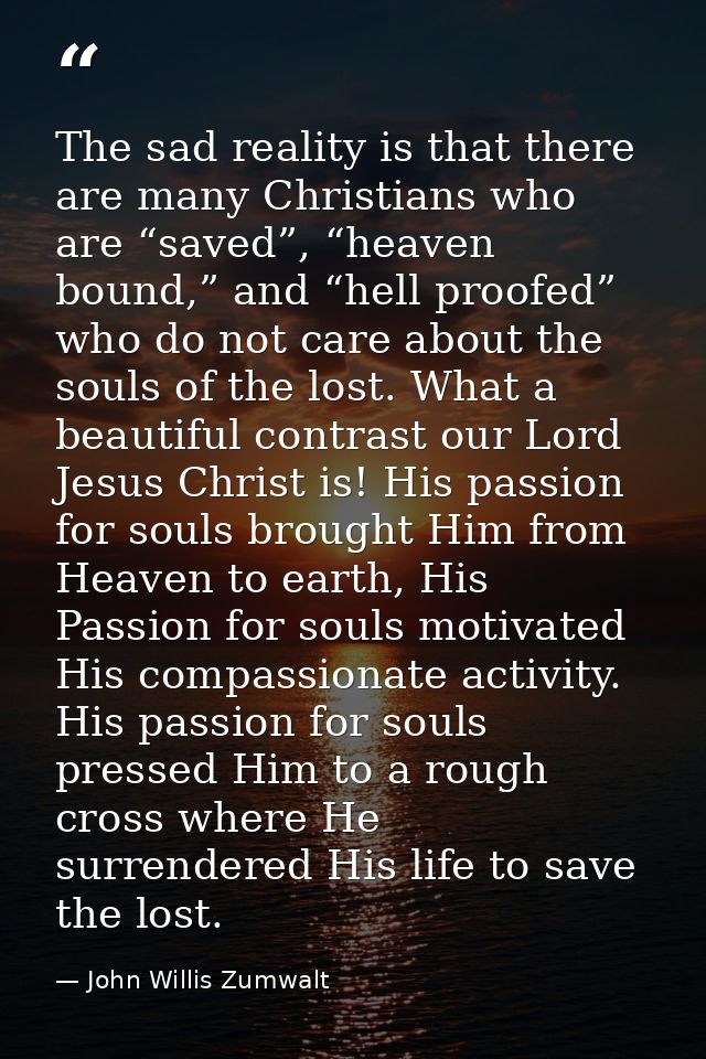 The sad reality is that there are many Christians who are “saved”, “heaven bound,” and “hell proofed” who do not care ab — John Willis Zumwalt