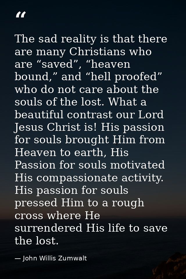The sad reality is that there are many Christians who are “saved”, “heaven bound,” and “hell proofed” who do not care ab — John Willis Zumwalt