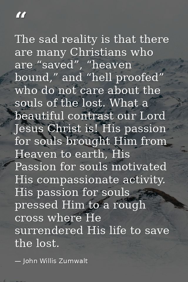 The sad reality is that there are many Christians who are “saved”, “heaven bound,” and “hell proofed” who do not care ab — John Willis Zumwalt