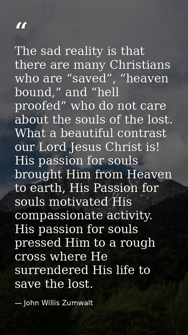 The sad reality is that there are many Christians who are “saved”, “heaven bound,” and “hell proofed” who do not care ab — John Willis Zumwalt
