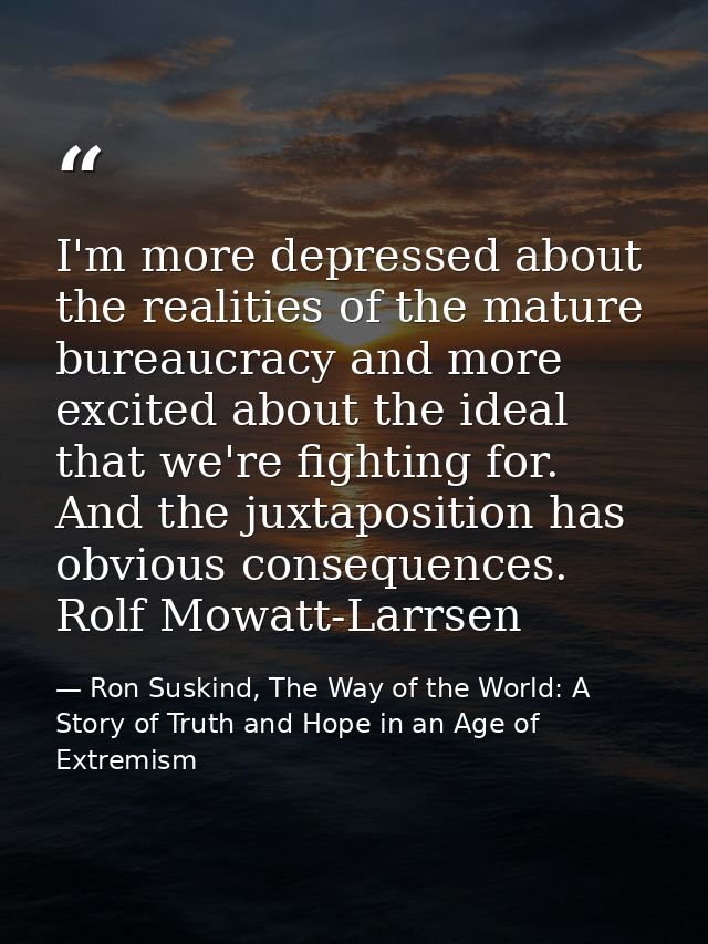 I'm more depressed about the realities of the mature bureaucracy and more excited about the ideal that we're fighting fo — Ron Suskind, The Way of the World: A Story of Truth and Hope in an Age of Extremism