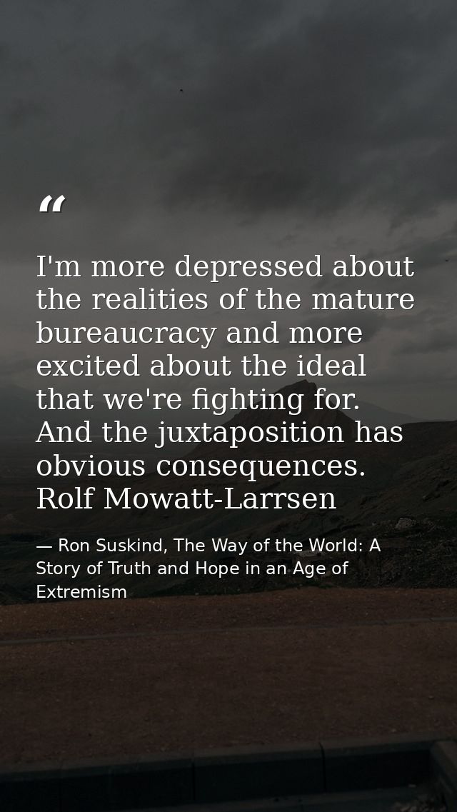 I'm more depressed about the realities of the mature bureaucracy and more excited about the ideal that we're fighting fo — Ron Suskind, The Way of the World: A Story of Truth and Hope in an Age of Extremism