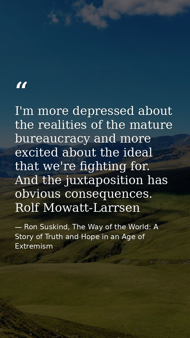 I'm more depressed about the realities of the mature bureaucracy and more excited about the ideal that we're fighting fo — Ron Suskind, The Way of the World: A Story of Truth and Hope in an Age of Extremism
