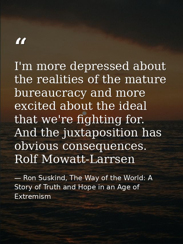 I'm more depressed about the realities of the mature bureaucracy and more excited about the ideal that we're fighting fo — Ron Suskind, The Way of the World: A Story of Truth and Hope in an Age of Extremism