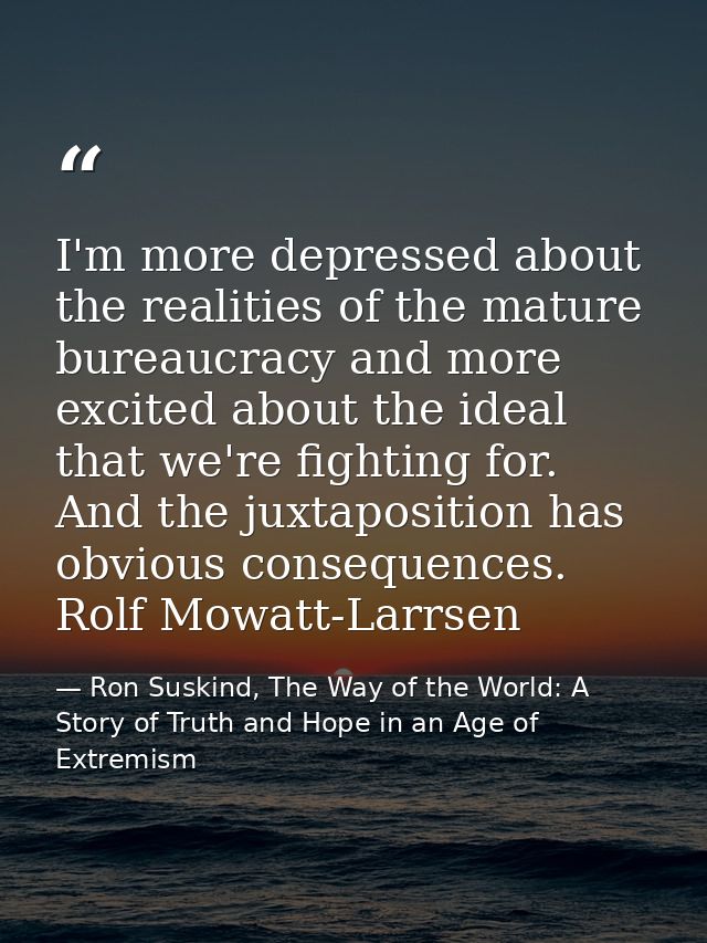 I'm more depressed about the realities of the mature bureaucracy and more excited about the ideal that we're fighting fo — Ron Suskind, The Way of the World: A Story of Truth and Hope in an Age of Extremism