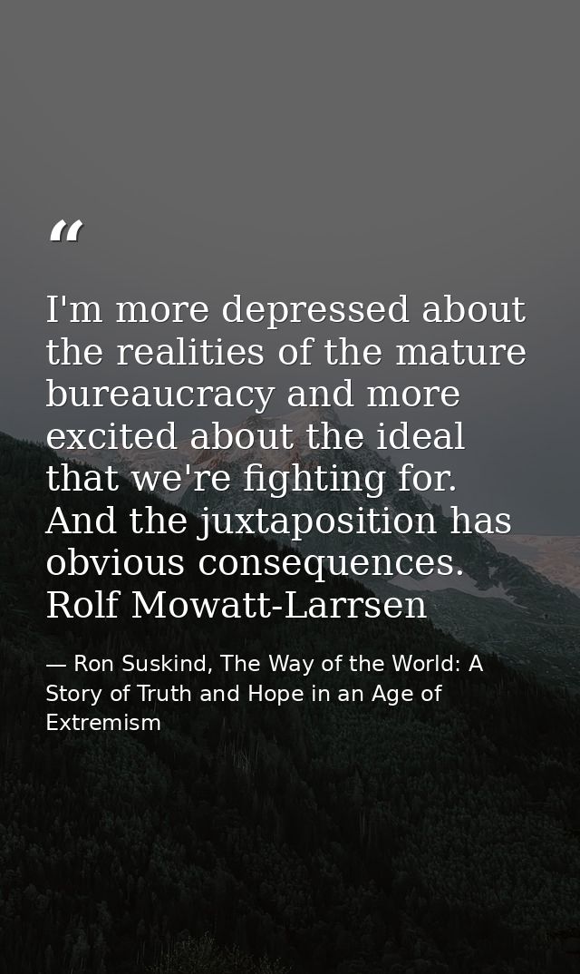 I'm more depressed about the realities of the mature bureaucracy and more excited about the ideal that we're fighting fo — Ron Suskind, The Way of the World: A Story of Truth and Hope in an Age of Extremism