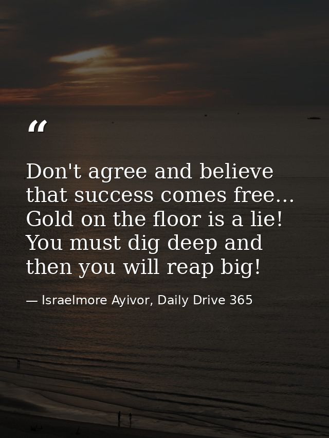 Don't agree and believe that success comes free... Gold on the floor is a lie! You must dig deep and then you will reap  — Israelmore Ayivor, Daily Drive 365