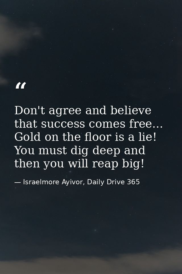 Don't agree and believe that success comes free... Gold on the floor is a lie! You must dig deep and then you will reap  — Israelmore Ayivor, Daily Drive 365
