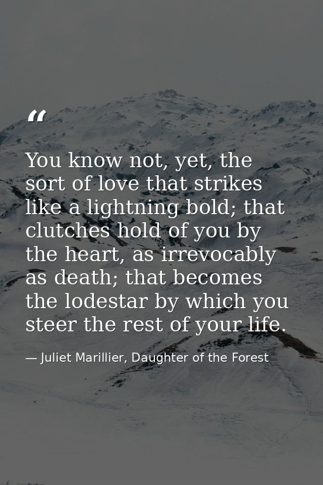 You know not, yet, the sort of love that strikes like a lightning bold; that clutches hold of you by the heart, as irrev — Juliet Marillier, Daughter of the Forest