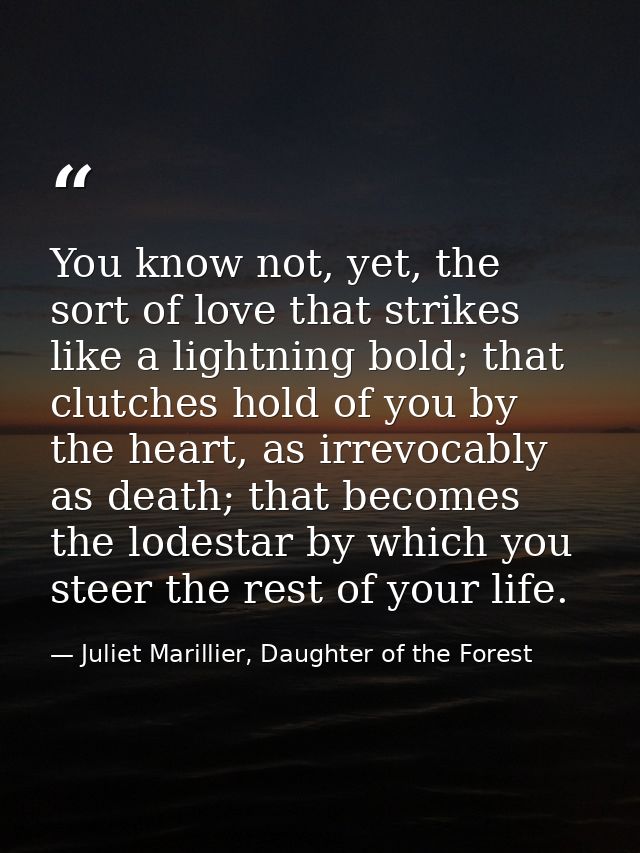 You know not, yet, the sort of love that strikes like a lightning bold; that clutches hold of you by the heart, as irrev — Juliet Marillier, Daughter of the Forest