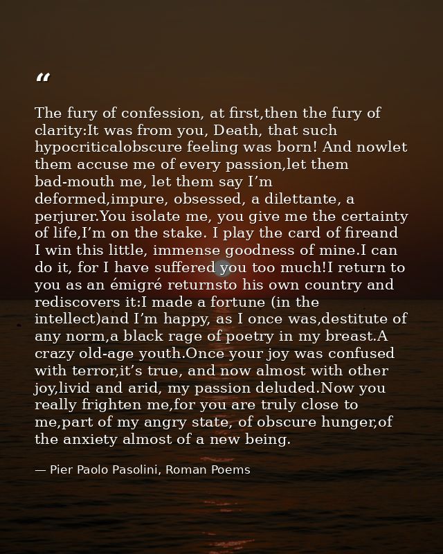 The fury of confession, at first,then the fury of clarity:It was from you, Death, that such hypocriticalobscure feeling  — Pier Paolo Pasolini, Roman Poems