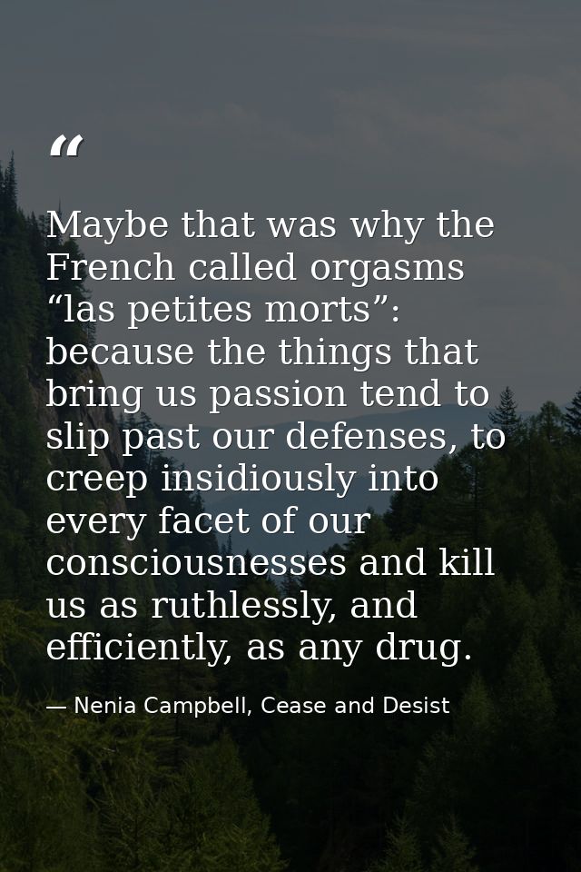 Maybe that was why the French called orgasms “las petites morts”: because the things that bring us passion tend to slip  — Nenia Campbell, Cease and Desist