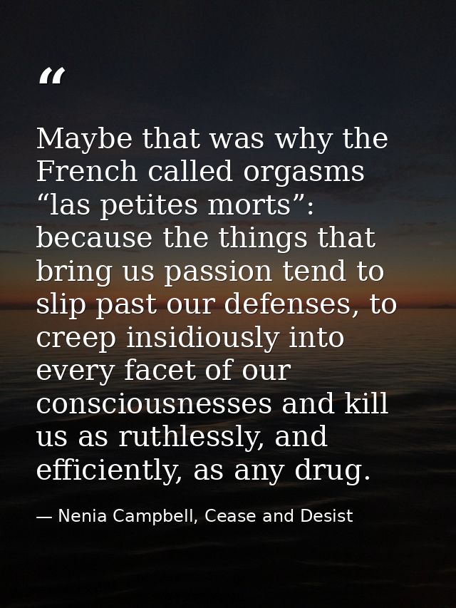 Maybe that was why the French called orgasms “las petites morts”: because the things that bring us passion tend to slip  — Nenia Campbell, Cease and Desist