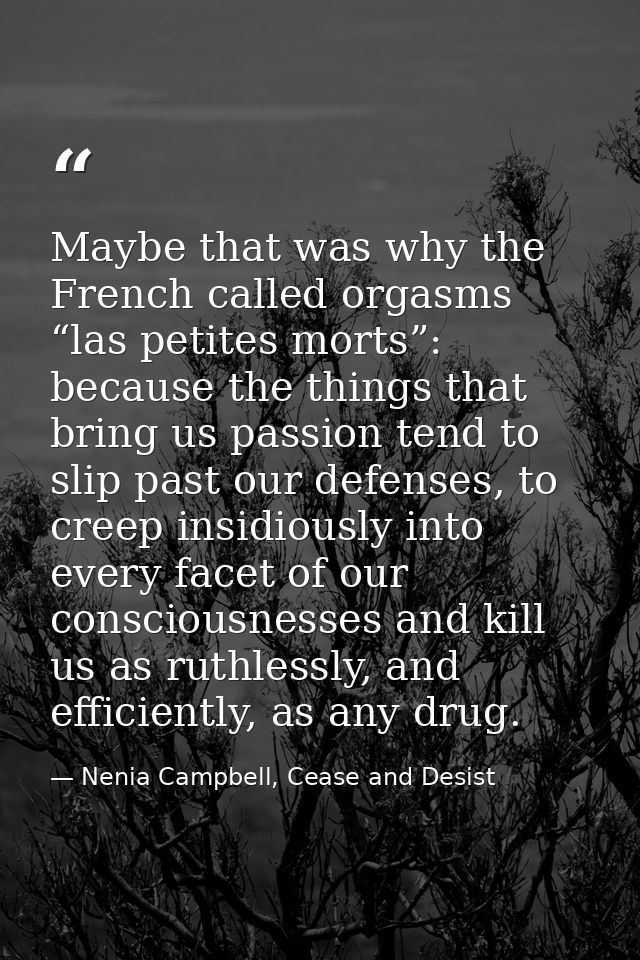 Maybe that was why the French called orgasms “las petites morts”: because the things that bring us passion tend to slip  — Nenia Campbell, Cease and Desist