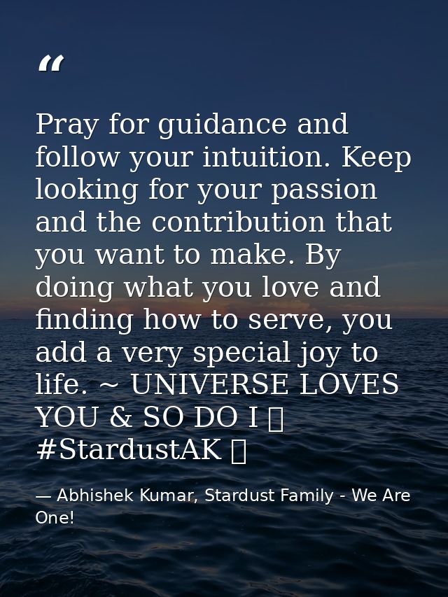 Pray for guidance and follow your intuition. Keep looking for your passion and the contribution that you want to make. B — Abhishek Kumar, Stardust Family - We Are One!