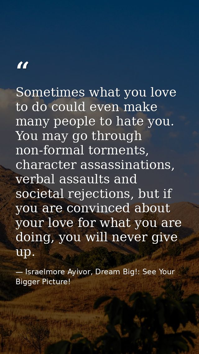 Sometimes what you love to do could even make many people to hate you. You may go through non-formal torments, character — Israelmore Ayivor, Dream Big!: See Your Bigger Picture!