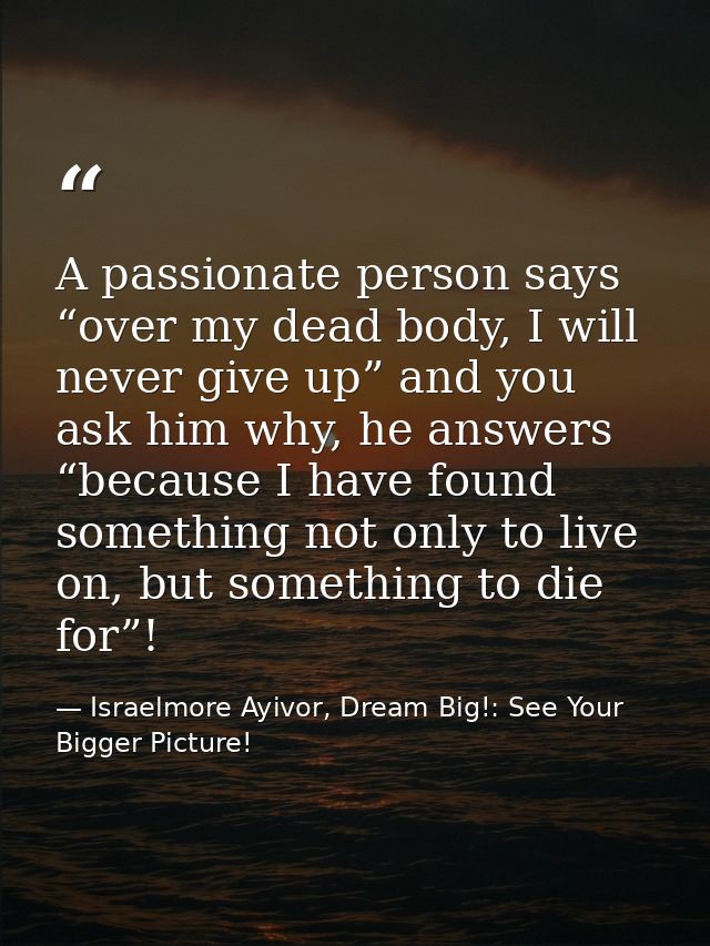 A passionate person says “over my dead body, I will never give up” and you ask him why, he answers “because I have found — Israelmore Ayivor, Dream Big!: See Your Bigger Picture!