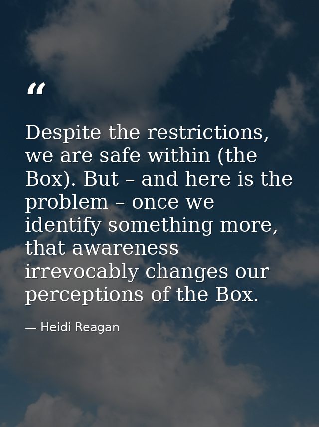 Despite the restrictions, we are safe within (the Box). But – and here is the problem – once we identify something more, — Heidi Reagan