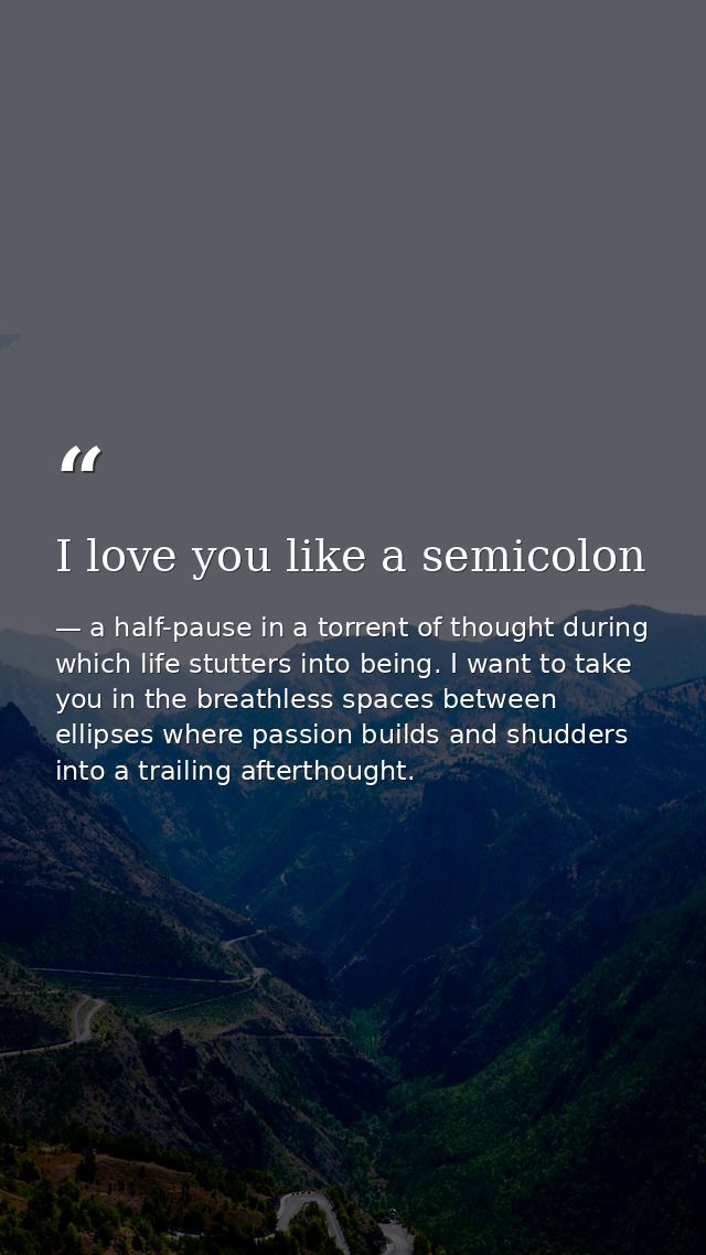 I love you like a semicolon — a half-pause in a torrent of thought during which life stutters into being. I want to take you in the breathless spaces between ellipses where passion builds and shudders into a trailing afterthought.