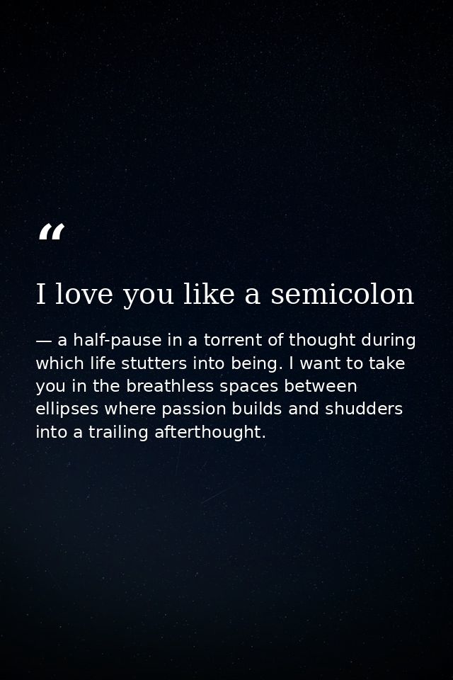 I love you like a semicolon — a half-pause in a torrent of thought during which life stutters into being. I want to take you in the breathless spaces between ellipses where passion builds and shudders into a trailing afterthought.