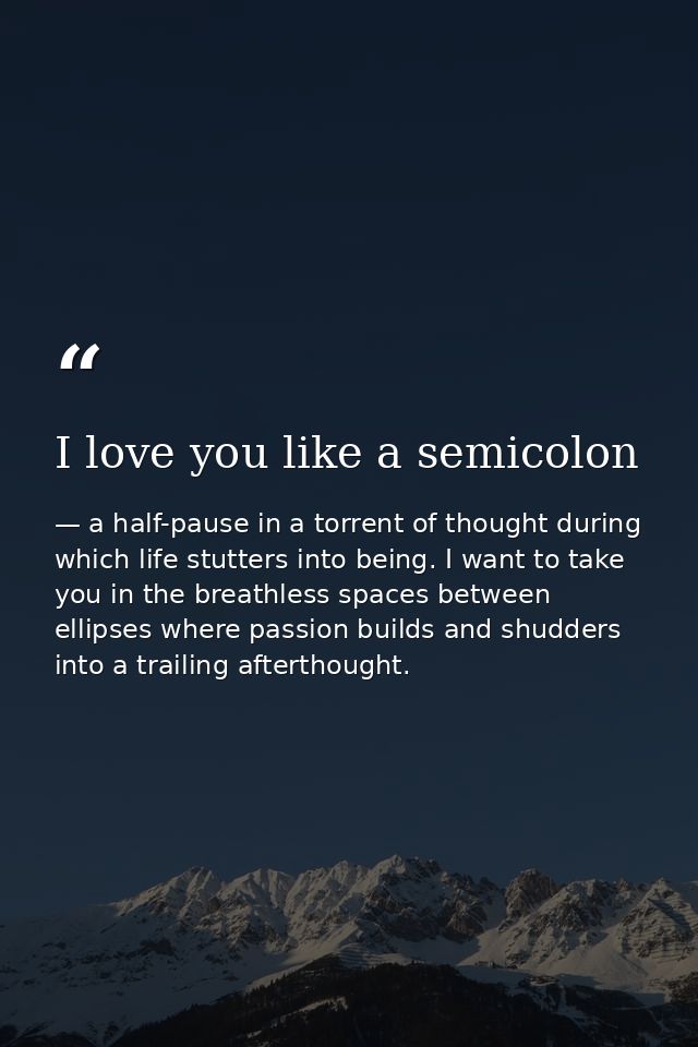 I love you like a semicolon — a half-pause in a torrent of thought during which life stutters into being. I want to take you in the breathless spaces between ellipses where passion builds and shudders into a trailing afterthought.