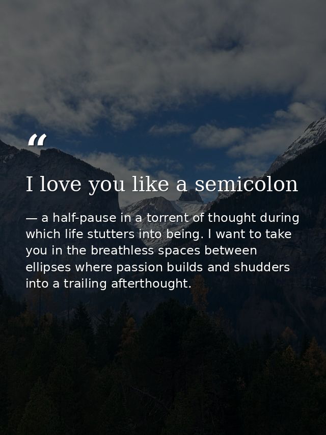 I love you like a semicolon — a half-pause in a torrent of thought during which life stutters into being. I want to take you in the breathless spaces between ellipses where passion builds and shudders into a trailing afterthought.