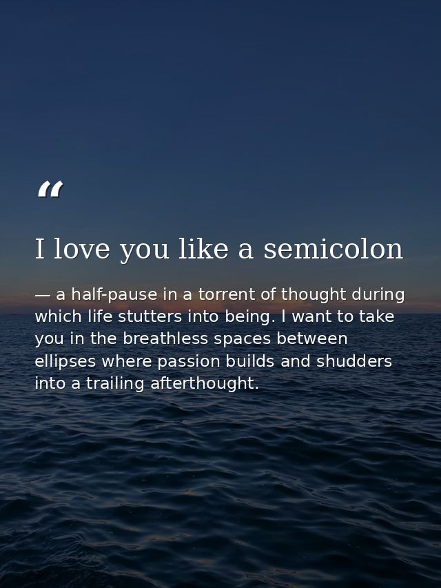 I love you like a semicolon — a half-pause in a torrent of thought during which life stutters into being. I want to take you in the breathless spaces between ellipses where passion builds and shudders into a trailing afterthought.
