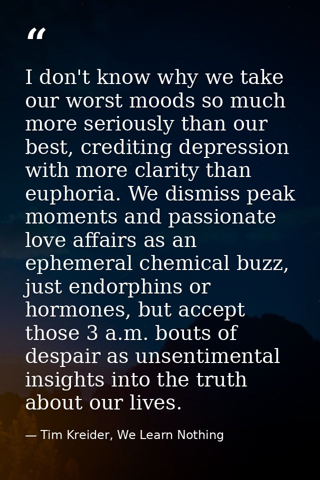 I don't know why we take our worst moods so much more seriously than our best, crediting depression with more clarity th — Tim Kreider, We Learn Nothing