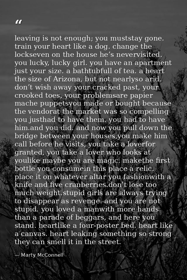 leaving is not enough; you muststay gone. train your heart like a dog. change the lockseven on the house he’s nevervisit — Marty McConnell
