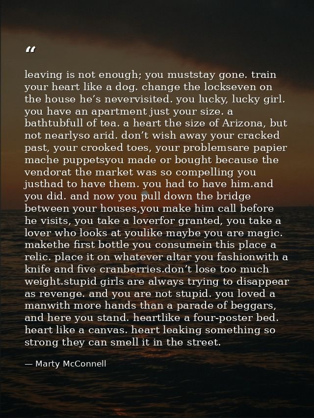 leaving is not enough; you muststay gone. train your heart like a dog. change the lockseven on the house he’s nevervisit — Marty McConnell