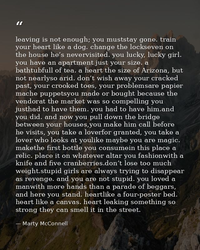 leaving is not enough; you muststay gone. train your heart like a dog. change the lockseven on the house he’s nevervisit — Marty McConnell