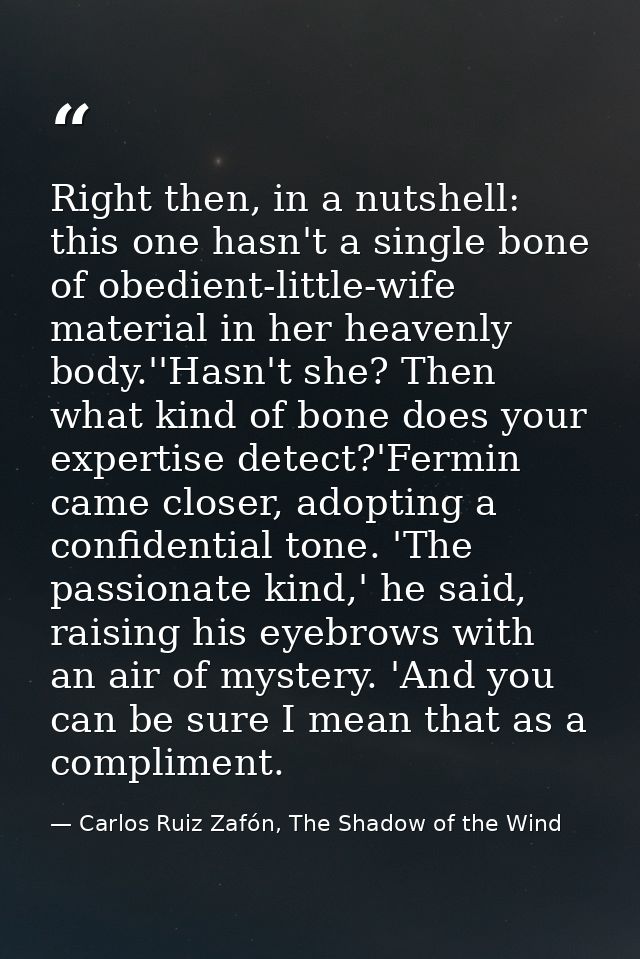 Right then, in a nutshell: this one hasn't a single bone of obedient-little-wife material in her heavenly body.''Hasn't  — Carlos Ruiz Zafón, The Shadow of the Wind