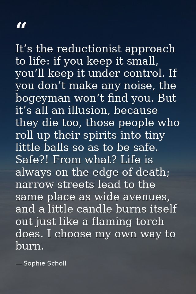 It’s the reductionist approach to life: if you keep it small, you’ll keep it under control. If you don’t make any noise, — Sophie Scholl