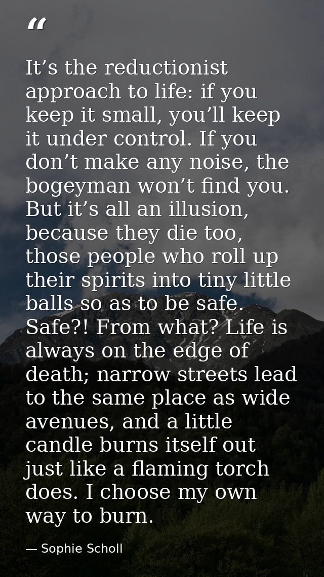It’s the reductionist approach to life: if you keep it small, you’ll keep it under control. If you don’t make any noise, — Sophie Scholl