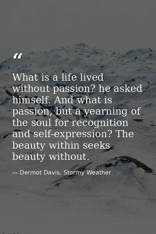 What is a life lived without passion? he asked himself. And what is passion, but a yearning of the soul for recognition  — Dermot Davis, Stormy Weather