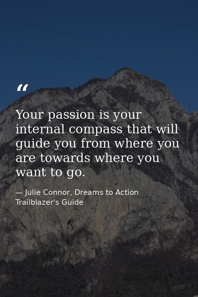 Your passion is your internal compass that will guide you from where you are towards where you want to go. — Julie Connor, Dreams to Action Trailblazer's Guide