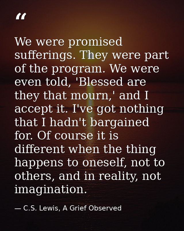 We were promised sufferings. They were part of the program. We were even told, 'Blessed are they that mourn,' and I acce — C.S. Lewis, A Grief Observed