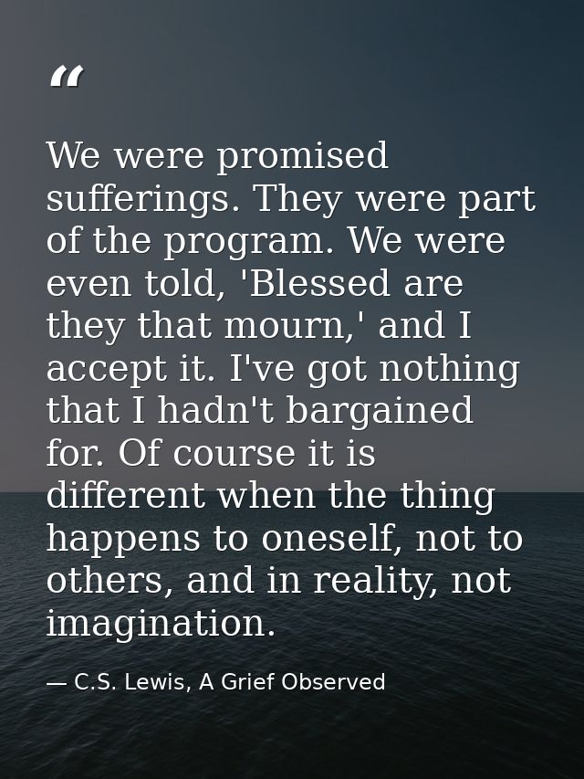 We were promised sufferings. They were part of the program. We were even told, 'Blessed are they that mourn,' and I acce — C.S. Lewis, A Grief Observed
